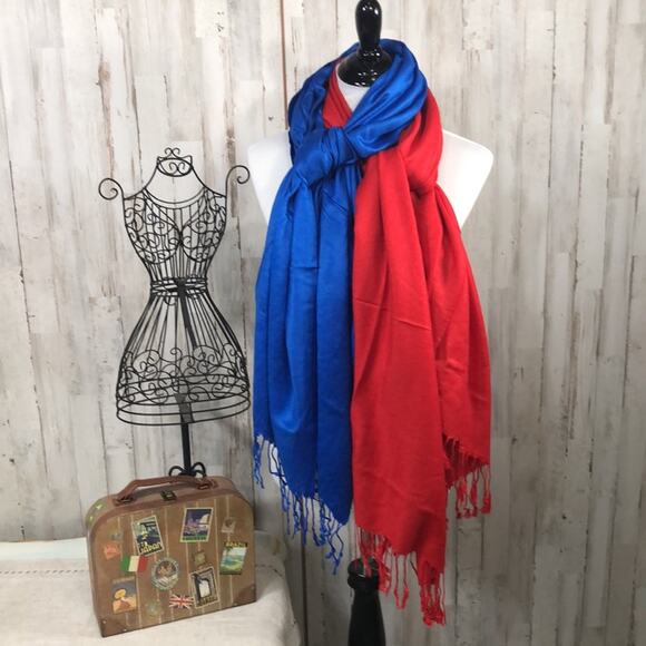 NWOT 100% Pashmina Scarves Red and Blue Set Of  2 - Picture 2 of 7
